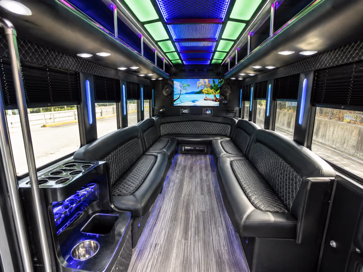 commerce 18 passenger party bus inside