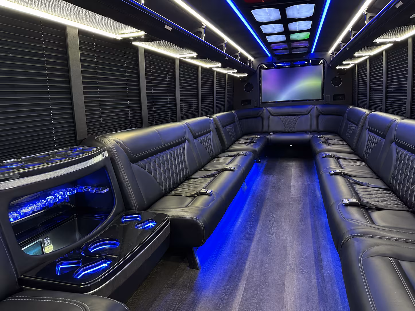 commerce 20 passenger party bus inside