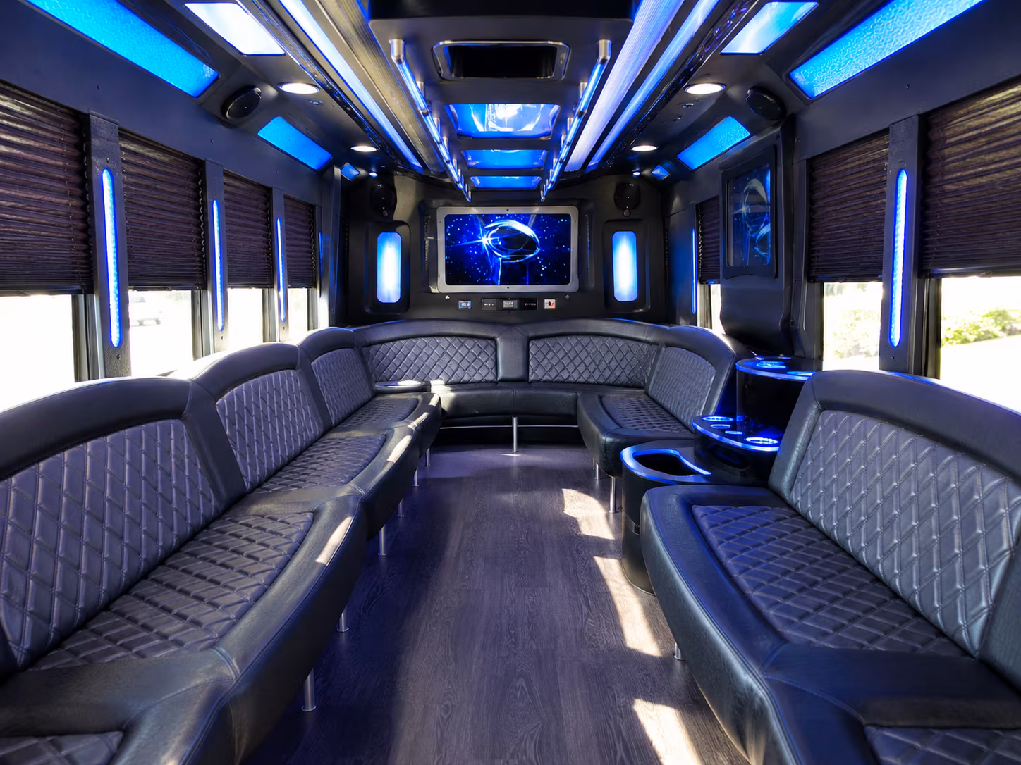 commerce 28 passenger party bus inside