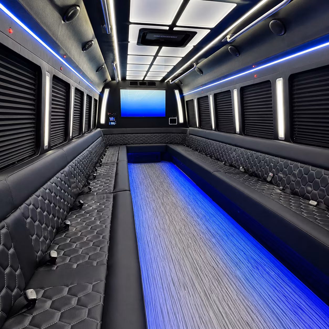 commerce 50 passenger party bus inside